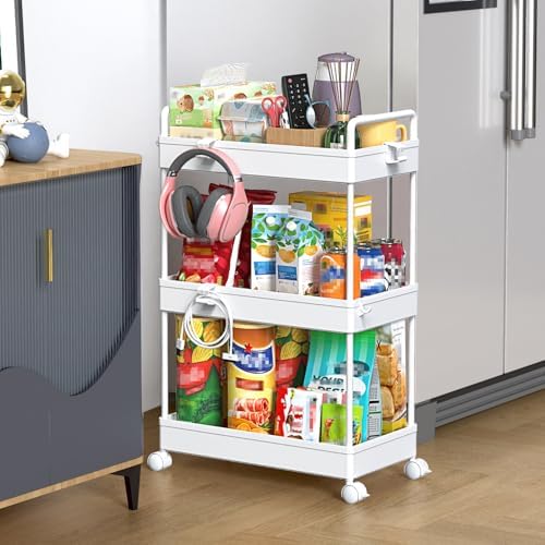 SOLEJAZZ 3 Tier Slim Rolling Storage Cart Organizer with Wheels, White by SOLEJAZZ