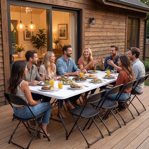 8FT Folding Table, Heavy Duty Plastic Fold-in-Half Utility Table with Handle, Portable Camping Picnic Table with Steel Legs for Indoor Outdoor Party, Dining, White - Image 2