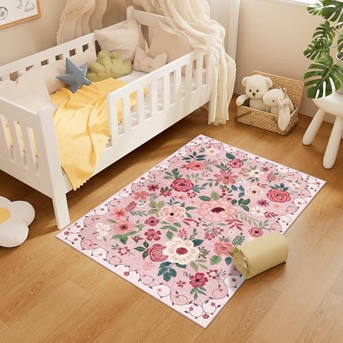 DUKINO 3x4 Area Rug, Floral Washable Rug for Kitchen Non Slip, Pink - Image 4