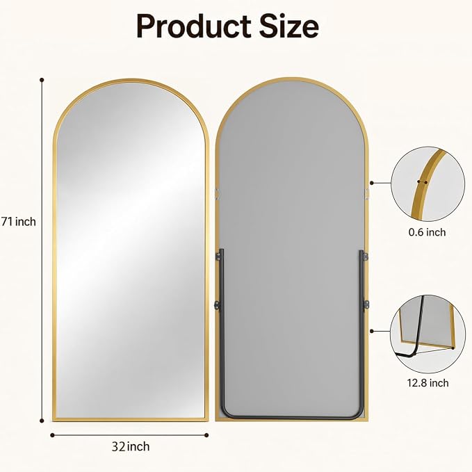 Antok Full Length Mirror, 71"x32" Floor Mirror with Stand, Gold, Arched - Image 7