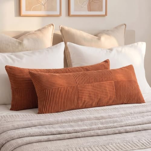 Fancy Homi Set of 2 Rust Boho Long Lumbar Body Decorative Throw Pillow Cover 14x36 Inch for Bed Couch Bedroom Bench, Soft Patchwork Corduroy Textured Pillow Case, Rustic Farmhouse Room Décor by Fancy+Homi