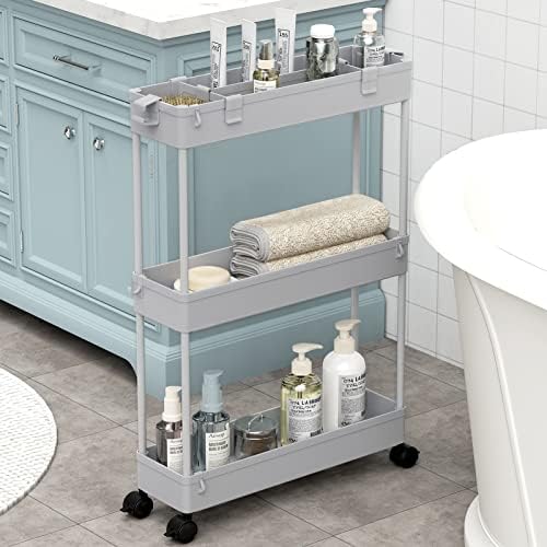 SPACELEAD Slim Storage Cart 3 Tier,Bathroom Organizer Rolling Utility,Mobile Shelving Unit Slide Out for Office, Kitchen, Laundry Room & Narrow Places,Gray by Home