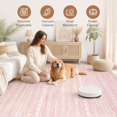 Nakagishi Boho 5x8 Area Rug Living Room Rugs Machine Washable Pink - Image 3