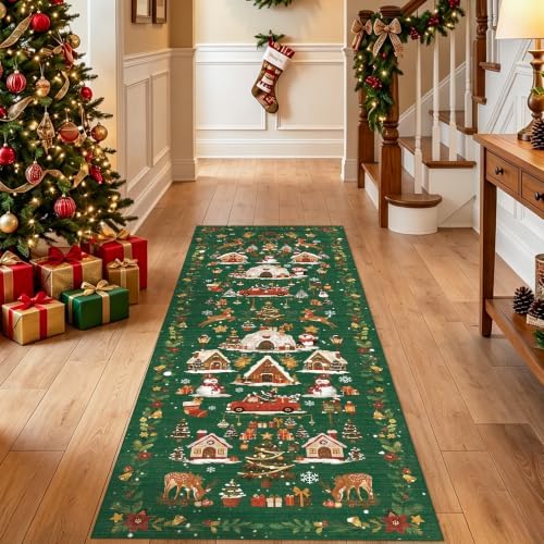Washable Christmas Rug Runner 2x6 - Xmas Snowflake Green Rug for Kitchen Entryway Non Slip Farmhouse Low Pile Carpet for Laundry Bedroom Bathroom Stain Resistant Floor Mat Pet-Friendly Rug（2x6，Green） - Image 5
