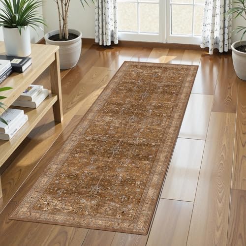 Washable Area Rug 2'6'' x 8' Vintage Traditional Persian Mat - Foldable Distressed Non-Slip Machine Washable Carpet for Living Room Bedroom Kitchen Home Decor - Bronze and Ivory by Unknown