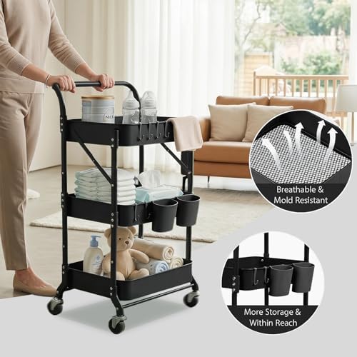 Amatic 3 Tier Foldable Rolling Cart with Wheels, Folding Utility Cart Organizer, Collapsible Rolling Storage Cart with 3 Hanging Cups & 6 Hooks for Kitchen, Office, Nursery(Black) - Image 3