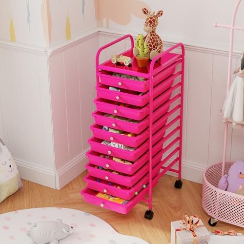 10-Drawer Rolling Storage Cart, Trolley w/Lockable 360° Wheels, 10 Removable PP Drawers, Sturdy Metal Frame, Rolling Utility Cart Perfect for Home, Office, Classroom (Hot Pink) - Image 2
