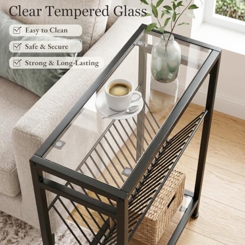Glass Side Table, Tempered Glass End Table, 3-Tier Narrow Side Table with Magazine Holder, Small Nightstand with Modern Style, Skinny Snack Table in Living Room, Bedroom Study and Balcony, Black - Image 4