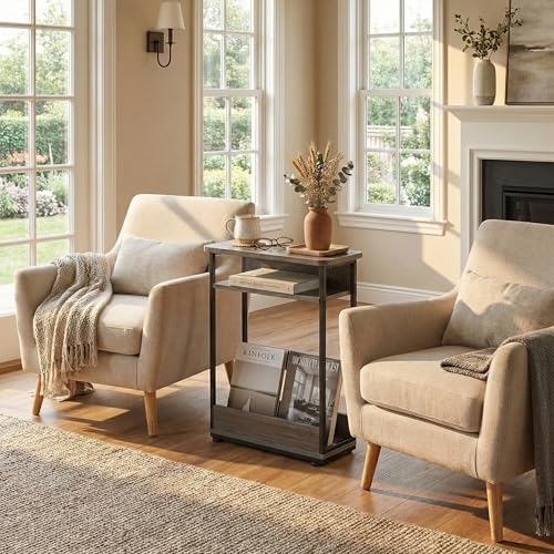 Narrow Side Table,3-Tier Slim End Table with Storage Shelf,Modern Sofa Table Thin Side Table for Narrow and Small Spaces, Skinny Bedside Table Small Nightstand with Magazine Rack Space Saving/Grey - Image 2