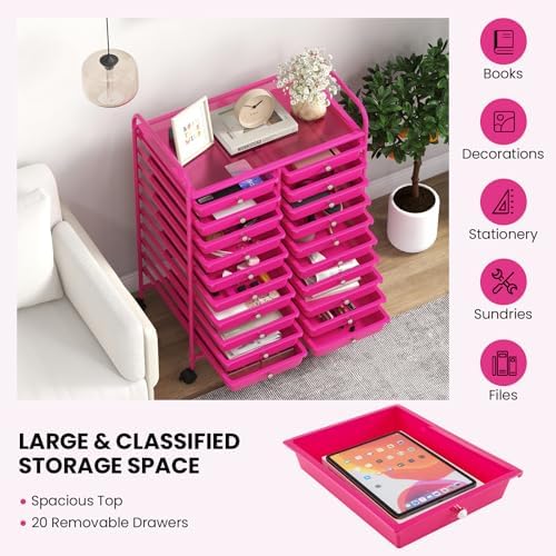 Giantex 20 Drawers Rolling Cart, Mobile Storage Drawer Cart, Classroom Organizer for Office School Supplies Teacher Tools Scrapbook Paper Craft Small Printer, Utility Stand on Wheels, Hot Pink - Image 6