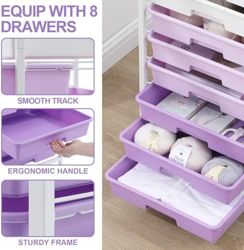 SYKIARIOL Rolling Cart with Drawers,8 Drawers Storage Cart,Purple - Image 3