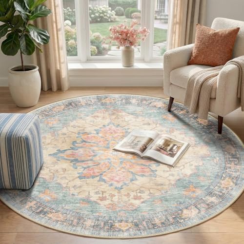 RELEANY Washable Area Rug, Round 4ft, Blue/Orange/Red - Image 2
