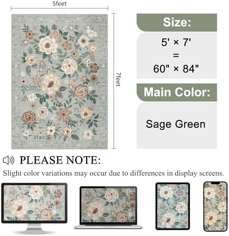 DUKINO 5x7 Area Rug Floral Washable Rug for Living Room Non Slip Sage Green - Image 2