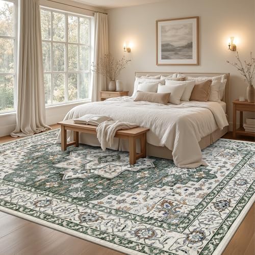 10x14 Area Rugs Living Room: Washable Rug for Bedroom Green Ivory - Image 3