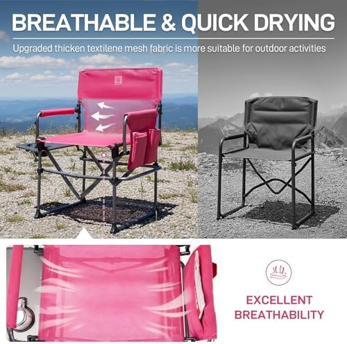 EVER ADVANCED Camping Directors' Chair with Side Table, Portable Folding with Compact Size, Breathable & Quick Dry Design Heavy Duty Lawn Chair with Pocket, 400lbs, Textilene Mesh, Pink - Image 4