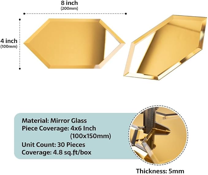 Peel and Stick Beveled Gold Mirror Tile, 4x6 Inch Mirror Backsplash Tiles Long Hexagon for Kitchen Bathroom Wall 30 Pcs, 4.8 SQ.FT - Image 2