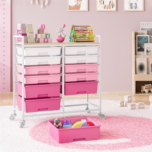 TOOLF 12 Drawers Rolling Storage Cart with Wooden Top for Classroom,Pink - Image 2
