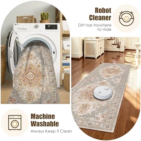 Washable Area Rug 2'6'' x 8' Vintage Traditional Persian Mat - Foldable Distressed Non-Slip Machine Washable Carpet for Living Room Bedroom Kitchen Home Decor - Dove Gray and Coral - Image 7