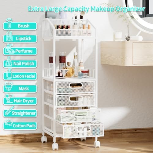 HapiRm Makeup Organizer Storage Cart - Floor Skincare Make Up Storage with 4 Drawers, Rolling Makeup Cart Vanity Organizer Cosmetics Display Cases Holder for Skin Care Perfume Nail Polish - Image 6