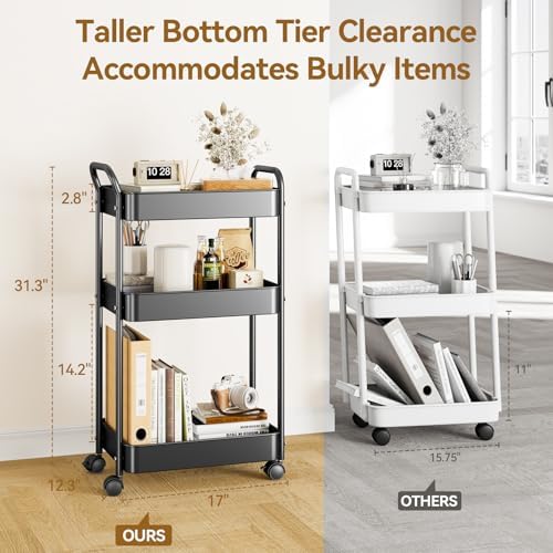 YASONIC 3-Tier Metal Rolling Cart Utility Carts with Wheels Black - Image 5