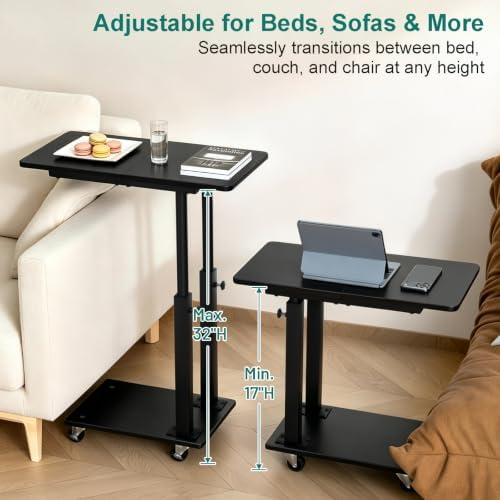 AOODA 22''W TV Tray Table with Wheels Adjustable Height, C Shaped End Tables Living Room, Rolling Couch Side Table with Storage for Sofa, Bed, Recliner (Pure Black) - Image 3