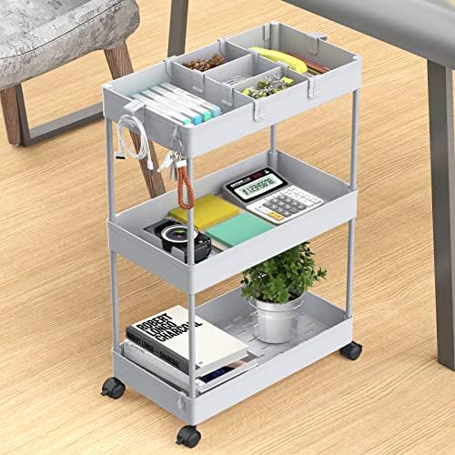SPACELEAD 3 Tier Rolling Cart with Wheels, Storage Craft Art Trolley Organizer Serving, 3 Hanging Baskets Easy Assembly, for Office, Living Room, Kitchen, Gray - Image 6