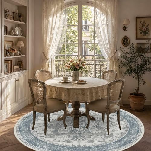 Blue Round Rug for Bedroom, Vintage Circle Rug(6ft) - Image 4