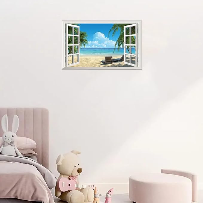 ‌Lmyhome Fake Window Wall Mural Summer Blue Sky White Beach (16"x24") | Peel and Stick Faux Window Wall Sticker Decal Poster for Bedroom Home Decor - Image 2