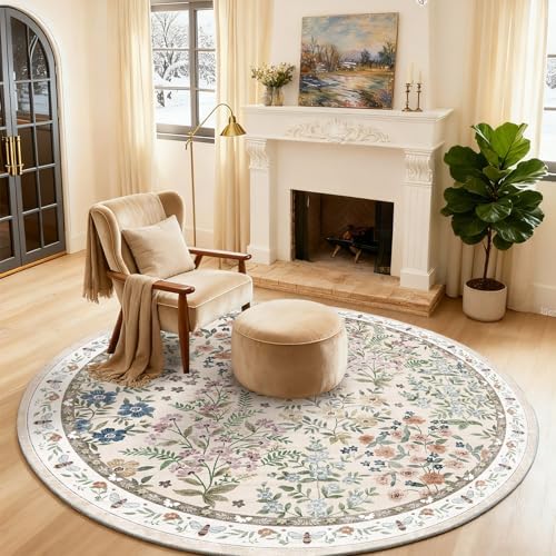 Washable Round Rugs for Bedroom 4ft: Living Room Rug Stain Resistant Non Slip Low Pile Ultra Soft Faux Wool Small Circle Rugs for Entryway Kitchen Bathroom Nursery Entrance Dorm Home Office Indoor by palohom