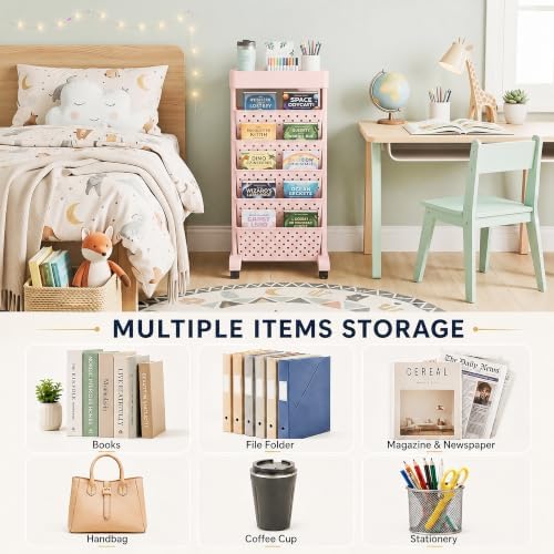 BYFU 6-Tier Movable Bookshelf Cart, Pink - Image 5