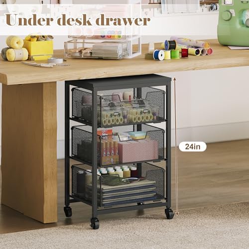 Under Desk Storage Cart with Lockable Wheels, 3-Drawer Rolling Storage Cart, Metal Utility Cart with Drawers for Art, Cart, Classroom, Office, Kitchen, Bedroom, Dorm Storage Under Bed - Image 3