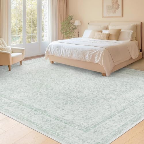 9x12 Area Rugs for Living Room: Washable Large Vintage Floral Rug Low Pile Non-Slip Boho Carpet for Bedroom Home Office Dining Room (Green, 9'x12') - Image 2