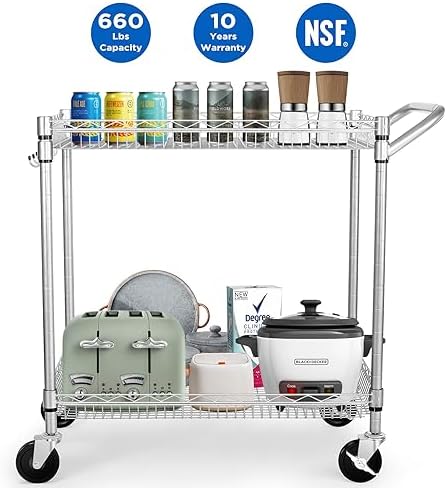 WDT Heavy Duty 2 Tier Rolling Cart, NSF Listed, 660Lbs Capacity, Commercial Grade Metal, 35.63"x18.1"x33.93" - Image 2