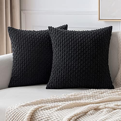 MIULEE Decorative Throw Pillow Covers 18x18 Black Textured Corduroy by MIULEE