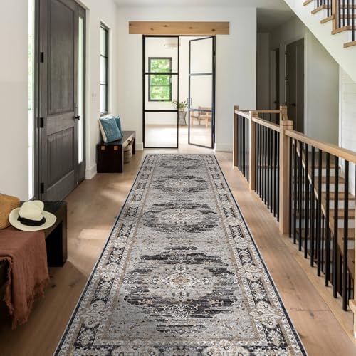 3x12 Washable Hallway Runner Rug - Non-Slip Vintage Kitchen Rugs Black Gray - Image 2