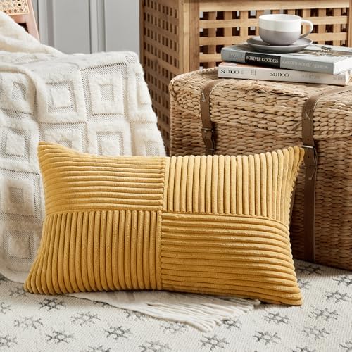 Fancy Homi 2 Packs Gold Yellow Lumbar Decorative Throw Pillow Covers 14x24 Inch for Couch Bed Sofa, Rustic Farmhouse Boho Spring Home Decor, Soft Striped Corduroy Rectangle Accent Cushion Case 35x60cm - Image 2