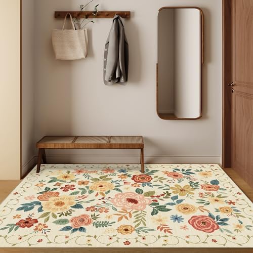 DUKINO 3x5 Area Rug, Floral Washable Rug for Bedroom Non Slip, Beige Yellow - Image 4