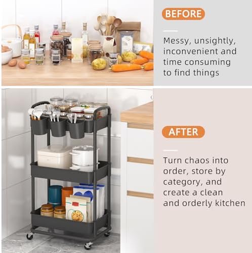JIUYOTREE 3-Tier Plastic Rolling Storage Cart Utility Cart Black - Image 5