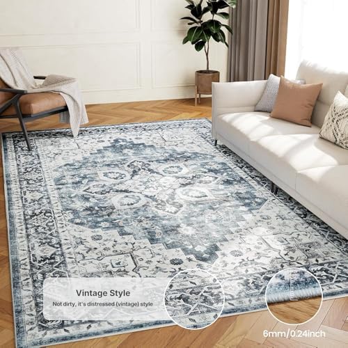 AMADA HOMEFURNISHING 6x9 Area Rugs, Blue Low-Profile Washable Rug with Non-Slip Backing & Durable Edge Binding, Vintage Rugs for Living Room, Bedroom, Dinning Room - Image 6