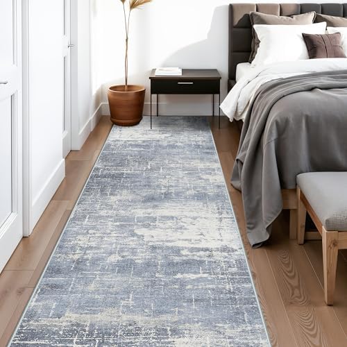 Washable 12ft Hallway Runner Rug: Non-Slip 2'6x12 Kitchen Rugs Low-Pile Entryway Rug Runner Abstract Soft Bedroom Floor Mat Farmhouse Carpet for Bathroom Living Room Dining Room(2'6x12,Blue/Ivory) - Image 2