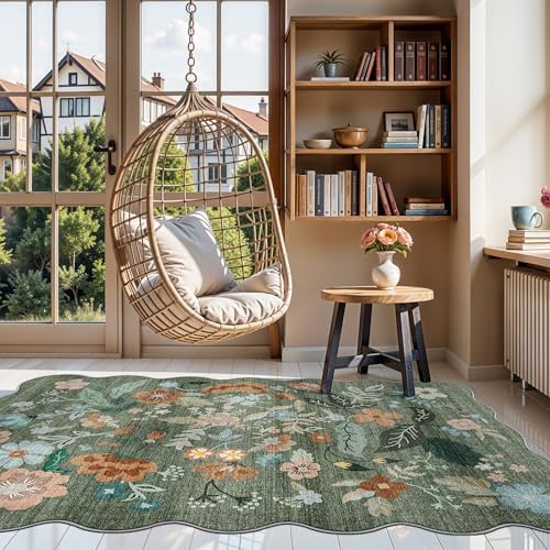 4x6 Living Room Area Rugs: Washable Farmhouse Nursery Kitchen Floral Rugs Non-Slip Small Cute Bedroom Carpet Non-Shedding Floor Mat for Kids Room University dormitory Decorative Rugs(4x6,Floral/Green) - Image 2