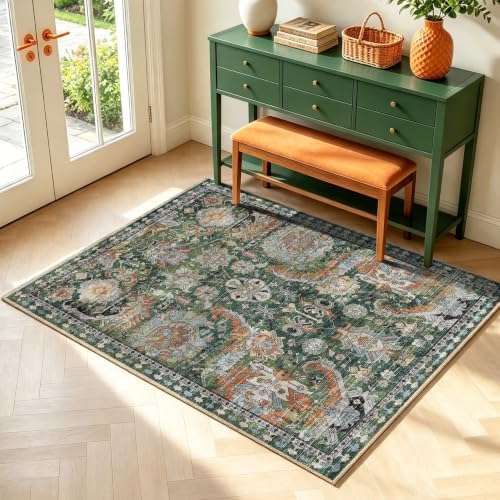 RUGSURE Washable Area Rugs - Perfect for Living Room, Bedroom, Kids Room, Nursery - Stain & Water Resistant Non-Slip, Pet & Child Friendly, Vintage Tribal Area Rugs (Green, 3' x 5 ') - Image 3