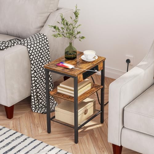HOOBRO Side Tables Set of 2 with Charging Station and USB Port, Small End Tables for Small Space, 3-Tier Nightstands with Adjustable Shelf, for Living Room, Bedroom, Rustic Brown BF112BZP201 - Image 6