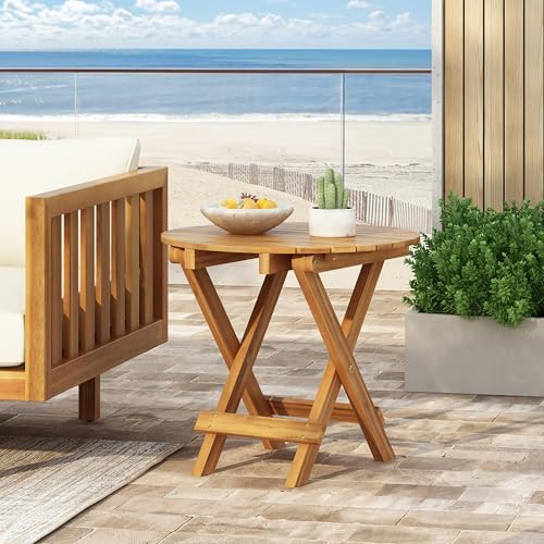 Christopher Knight Home Aurl 17.75" W Outdoor Acacia Wood Side Table, Round End Table, Slats Panel Design, Foldable and Adjustable Small Coffee Desk, Sofa Side Desk, No Assembly Needed, 175lbs Teak - Image 4