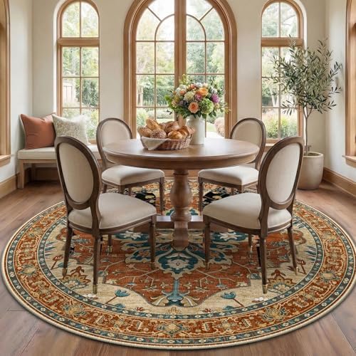 RELEANY Washable Area Rug, Round 7ft, Red/Orange/Blue/Brown by RELEANY