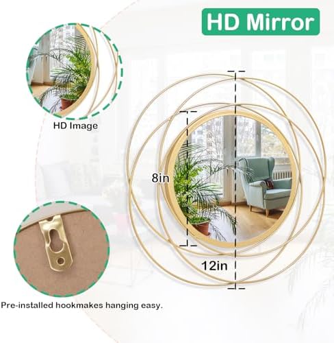 Mirrors for Wall Gold Circular Art Classic Metal Iron Frame Wall Mirror Decor Living Room Bedroom Bathroom Office Farmhouse Entryway Small 12” x 12” - Image 7