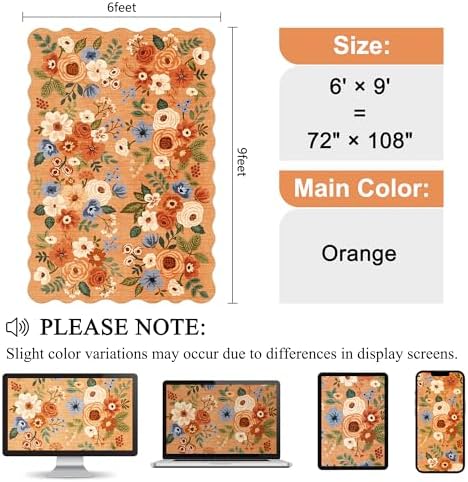 DUKINO 6x9 Area Rugs, Floral Washable Rug for Living Room Non Slip, Orange - Image 2