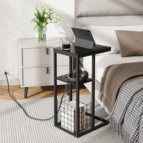 Vagusicc C Shaped End Table with Charging Station, Side Table for Couch, Small Side End Table for Small Spaces, 28" High Slide Under Sofa Table for Coffee, Tv Tray Table for Living Room, Black - Image 6