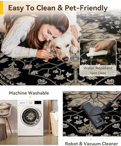 RELEANY Washable Area Rug, Round 10ft, Black/Neutral - Image 5
