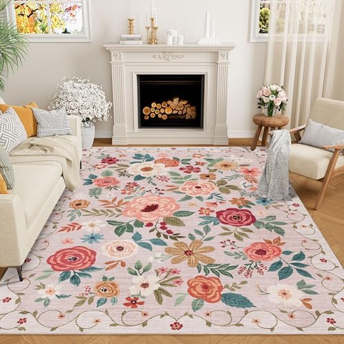 DUKINO 5x8 Area Rug for Bedroom, Soft Floral Washable Rug Non Slip, Beige by DUKINO